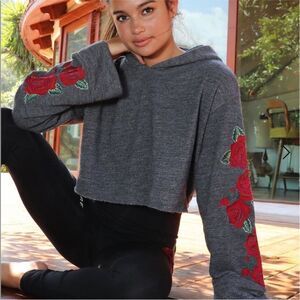 Spiritual Gangster Cropped Grey Embroidered Red Rose Yoga Sweatshirt